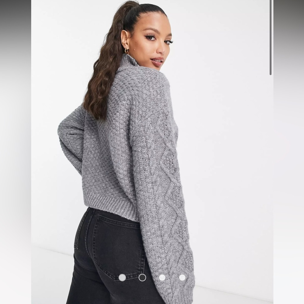 ASOS DESIGN high neck sweater in cable with zip detail in gray